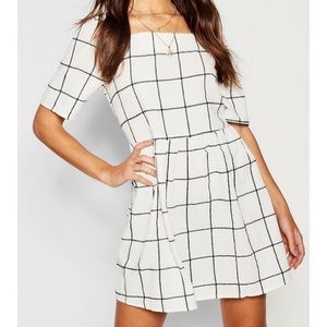 Textured Check Square Neck Smock Dress